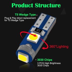 10Pcs T5 LED Lights W1.2W W3W LED Super Bright 3030 LED Car Interior Light Auto Side Wedge Dashboard Gauge Instrument Lamp Bulb (Emitting Color: White)