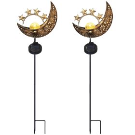 Solar Powered Moon Star Lamp IP54 Waterproof Decorative Lamp Crackle Glass Globe Stake Iron Lights For Garden Lawn Yard Driveway (Color: Yellow, size: One size)
